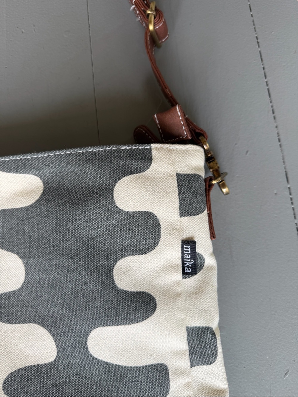 Maika Canvas Patterned Crossbody Tote with Brown Vegan Leather Strap - Picture 2 of 4